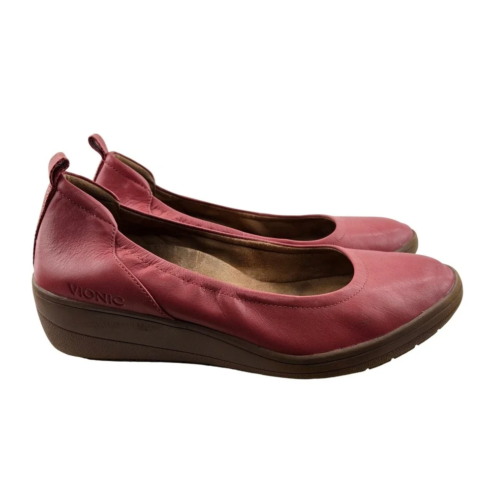 Vionic Jacey Wedge Slip On Ballet Shoes Dusty Cedar Pink Leather Womens 10